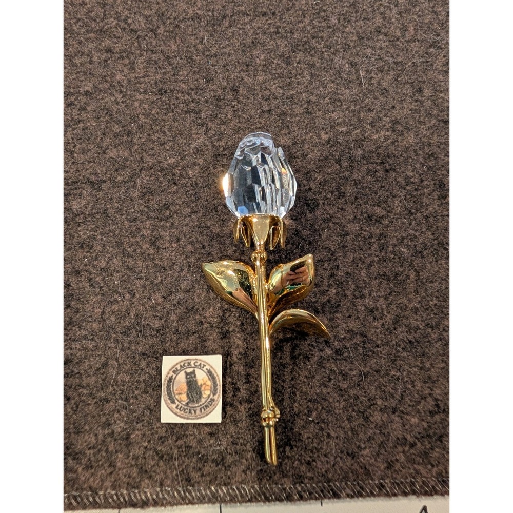 Swarovski Crystal Rose Brooch Gold Tone Stem Clear Faceted Flower Pin Swan Logo - Picture 4 of 5